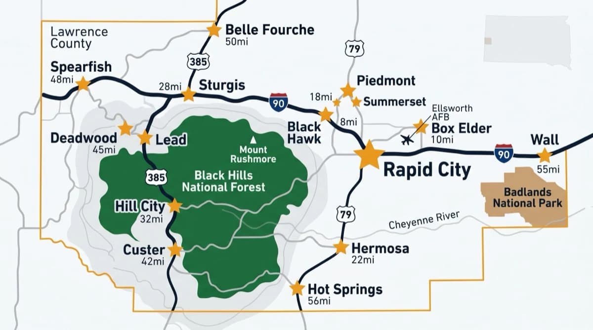 Black Hills service area map showing Rapid City, Box Elder, Black Hawk, Piedmont, Summerset, Sturgis, Spearfish, Deadwood, Lead, Belle Fourche, Hill City, Custer, Hermosa, Hot Springs, and Wall, all cities Rapid City Plumbing Pros serves across western South Dakota